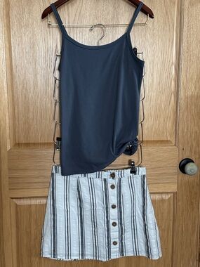 Sadie & Sage Black Tank with White & Gray Striped Button-Front Mini Skirt